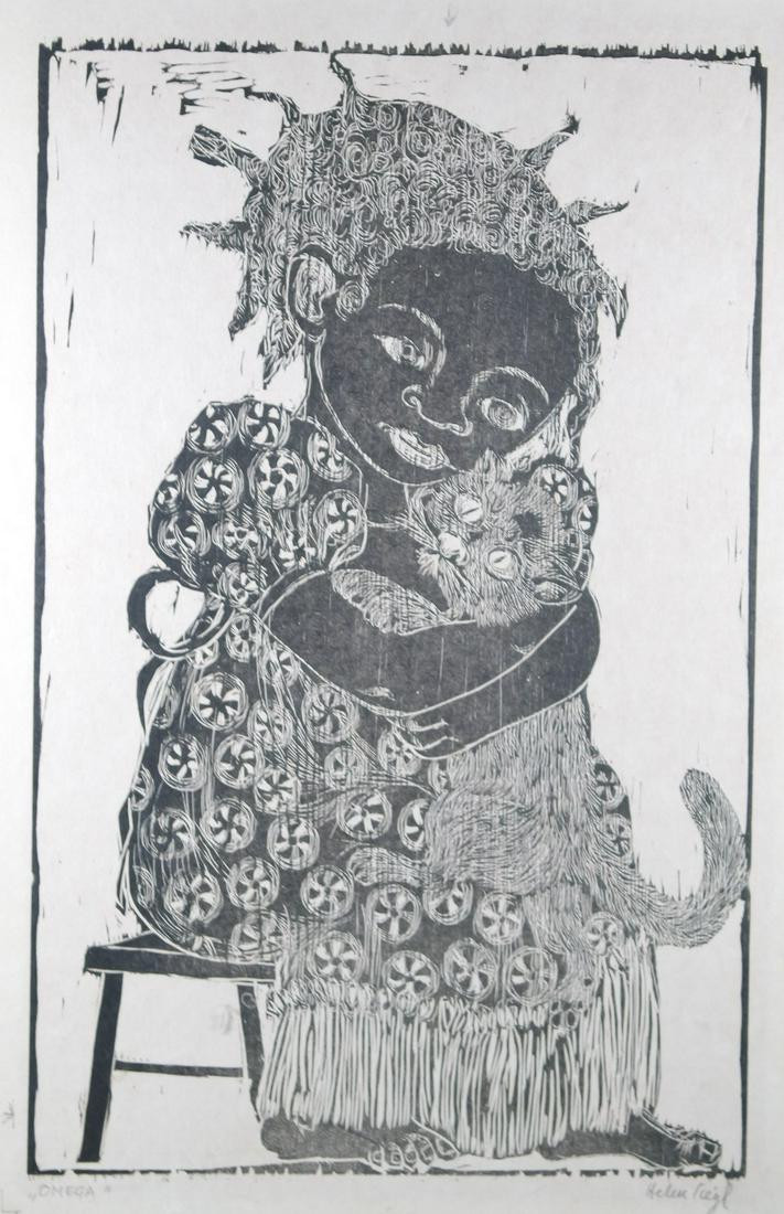 Omega - Helen K Siegl: Title: Omega Artist: Helen K Siegl Printing Date: 1950-60 Medium: Block Print Size/Format: 11 1/2 x 18 Reserve: $40.00 Shipping: Domestic: Flat-rate of $15.00 to anywhere within the contiguous U.S. In