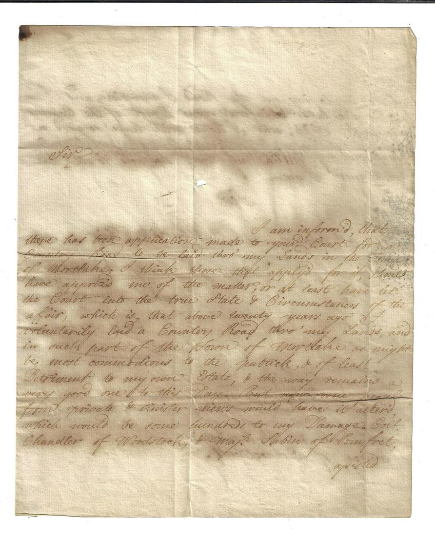 1737 Colonial Letter Boston Regarding Roadway: G. Belcher 2pp ALS to Timothy Pierce and the Justices of Windham County, Connecticut Colony, from Boston on May 5, 1737, regarding a request to construct a public road through private lands.Very good 