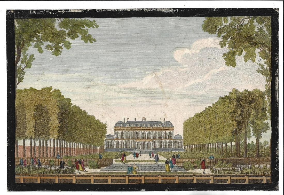 c1750 Beautiful Handcolored Engraving Paris: A beautifully handcolored engraving circa 1750 entitled "Le Jardin et Hotel d'Evreux …a Madame la Marquise de Pompadour", printed at Paris. The engraved image laid down on paper board with caption e
