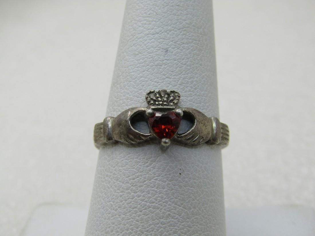 Vintage Sterling Silver Red Heart Stone Claddagh Ring, (1 of 6)