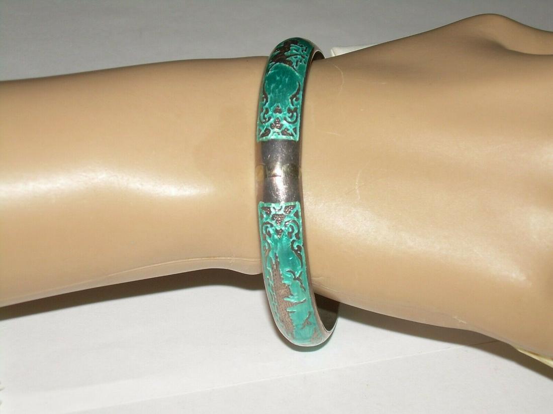 Vintage Sterling Siam Bracelet, Teal Enamel Hinged (1 of 12)