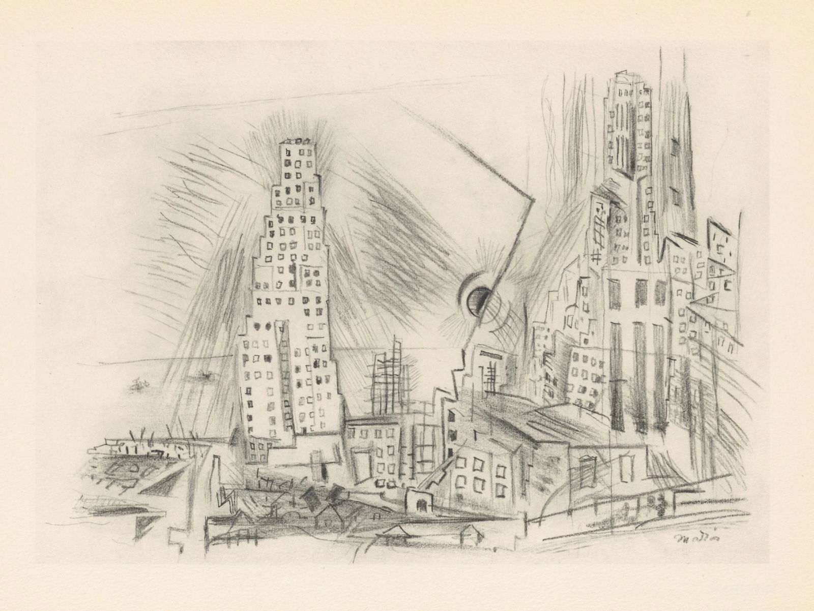 John Marin "Sky-Scrapers Lower New York City": Medium: collotype (after the drawing). Issued in 1950 in a limited edition of 125 on watermarked Johannot wove paper. The image size is 7 x 9 3/4 inches; the full sheet measures 10 x 12 1/2 inches. Si