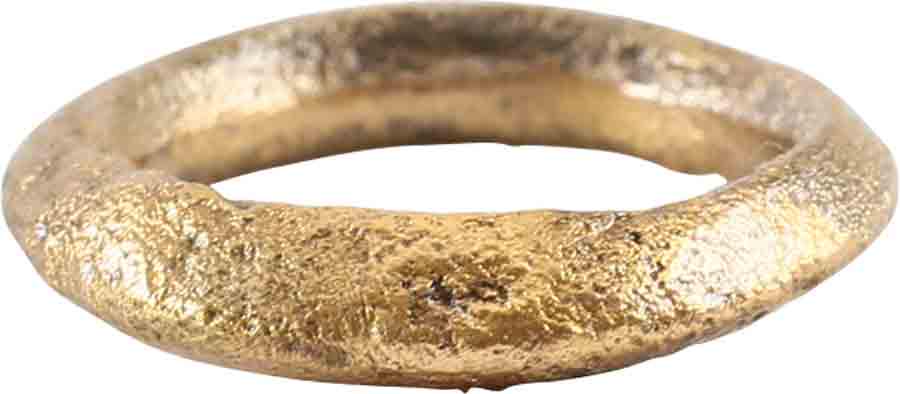 RARE VIKING BEARD RING, 10th-11th CENT AD JEWELRY: Gilt bronze. Round band, 2.1mm of ridged section. 0.63” 9.5mm inside dimension. The use of beard rings by Viking warriors is well documented but surviving examples are rare. Professionally refurbish