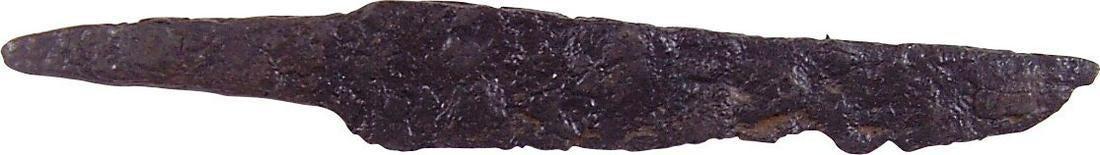 VIKING POUCH KNIFE, 9th-11th CENTURY: Just over 2 7/8” total length. Thick wedge section blade. Short whittle tang, to secure it to the wood, bone or antler grip, now perished. Good profile and preservation. These side or pouch knives w