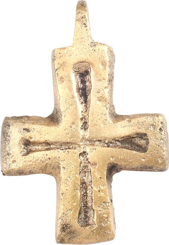 MEDIEVAL PILGRIM’S RELIQUARY CROSS 7th-10th CENTURY: Over 1 height. Centered cross beam. Both beams with slightly flared ends. The front with an incised cross and the back hollow for the inclusion of a holy relic. Carried by European pilgrims traveling 