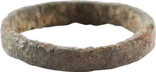 RARE VIKING BEARD RING, 900-1050 AD JEWELRY: No Reserve! Bronze, flat face band, 2.4mm width and a little over ½” diameter. The use of beard rings by Viking warriors is well documented but surviving examples are rare. As found condition with 