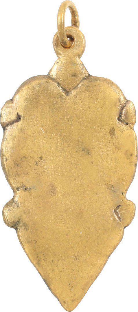 VIKING HEART PENDANT 900-1050 AD JEWELRY: Just over 1 1/4 of flat form, made by the open face mold process. The heart is in the later, stylized form with cusped top crisply delineated. Vikings used this and the natural form with a rounded top