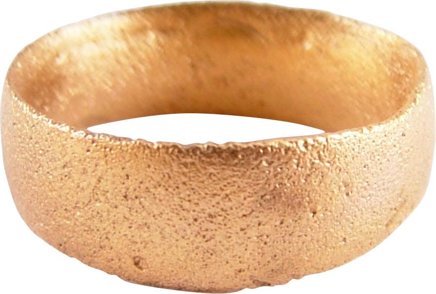 MASSIVE VIKING MAN’S WEDDING RING, SIZE 10 ¾: 10th-11th CENTURY AD. Size 10 3/4 with exceptionally broad, 7.6mm band with rounded face. Surface textured from burial. Professionally refurbished with the 24karat gold surface restored, gift boxed wi