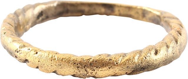 ANCIENT VIKING TWIST WEDDING RING 866-1067 AD SIZE 7 ½: Cambridgeshire, England. Size 7 ½. with bold twist motif 2/3 its circumference. The spiral or helix was a favorite Viking form. Professionally refurbished with the gold overlay restored. Vikings exch