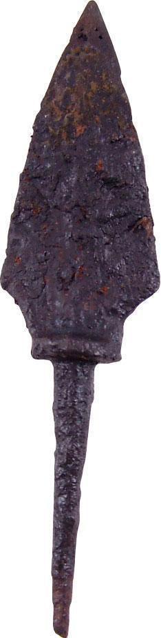 FINE VIKING ARROWHEAD, 10TH-11TH CENTURY AD: Forged iron over 2 ¾” length. Thickened medial point with elegantly cusped bottom on flared seat. Tapered tang. The thick section is indicative of a war arrow, able to penetrate the protective thic