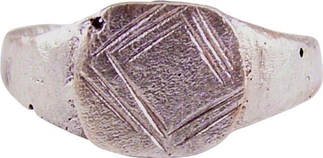 MEDIEVAL EUROPEAN RING SIZE 7 ¼: Size 7 1/4 for the male small finger (pinky ring) with rounded face tapered band 2.6mm, flaring to the shoulders. Raised rounded square bezel cut with a diamond of three lines each, representing the S