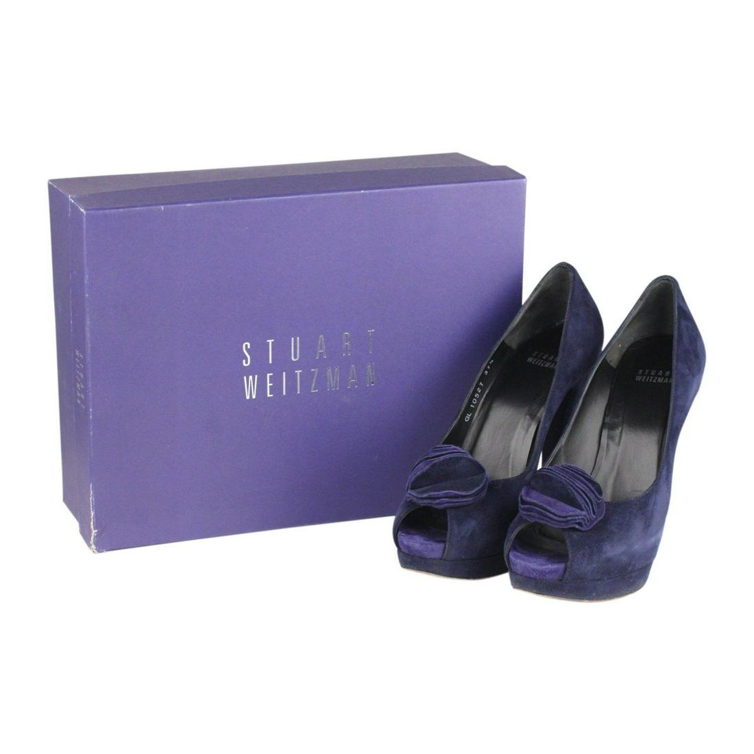 STUART WEITZMAN Blue Suede Open Toe Shoes Twisting: Stuart Weiitzman peep toe heels - Model: 'TWISTING' - Blue suede - 5 inches - 127 cm covered stiletto heels - Ruffle accent at toe - Platform (1 inch - 25 cm high) - Size: 37 1/2 (The size shown for t