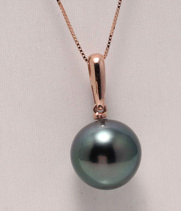 14 kt. Rose Gold - 12x13mm Round Tahitian Pearl -: Produced in the tropical lagoons of French Polynesia, this pearl has been selected for its natural beautiful tahiti green colour and its bright luxurious lustre. The rose gold enhances the green hues 