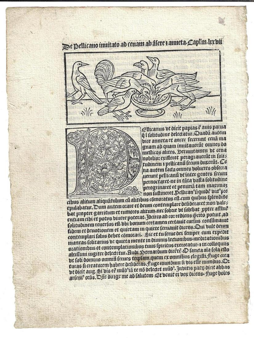 1509 Leaf Dialogus Creaturarum Woodcut Pelicanos (1 of 2)
