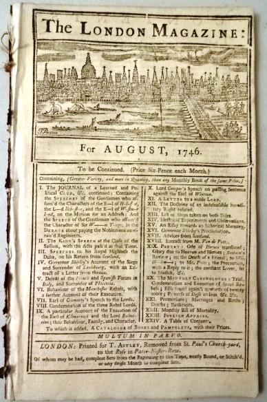 1746 London Magazine Governor Shirley Cape Breton: The August 1746 issue of The London Magazine printed for T. Astleym 56 pages. Contains detailed account of the reduction of Cape Breton by Governor Shirley of Massachsetts Bay colony. Also description