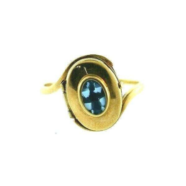 ANTIQUE 9k Yellow Gold Blue Topaz Poison Ring Circa (1 of 6)