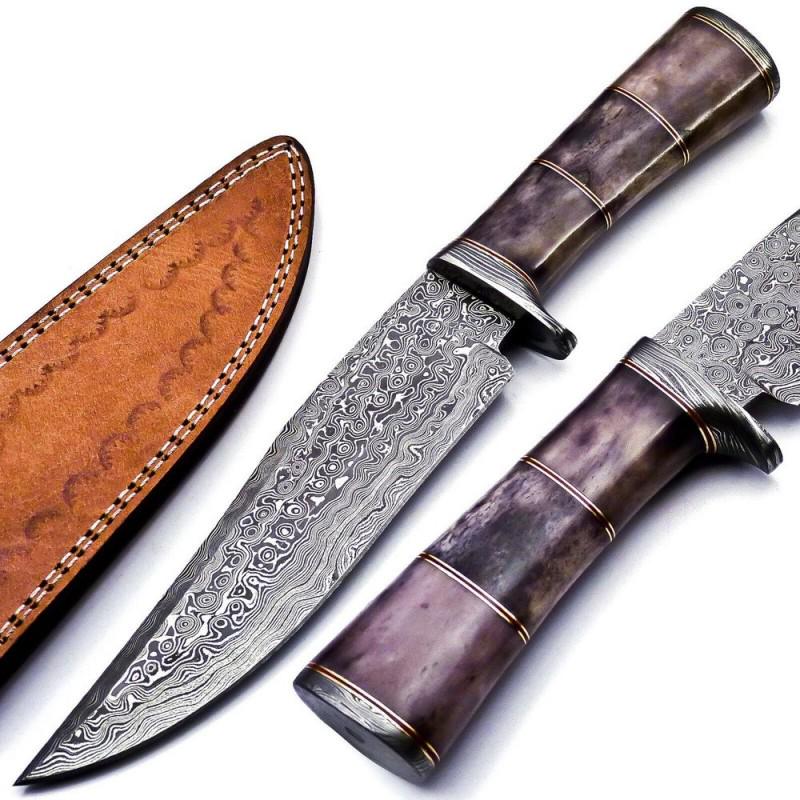 Damascus steel knife, exclusive pattern knife, hunting: Knife "Spicer" made of damask steel. Handle - colored camel bone, unique wood and scabbard - genuine leather. Damascus knives are very durable, look great and keep sharpness perfectly. The blade retai