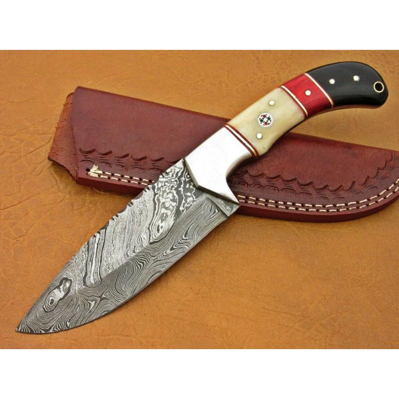 Damascus steel knife, with genuine leather sheath,: Knife "Spike" made of damask steel. Handle –horn and micarta, scabbard - leather. Damascus knives are very durable, look great and keep sharpness perfectly. Damascus steel has high quality contents 