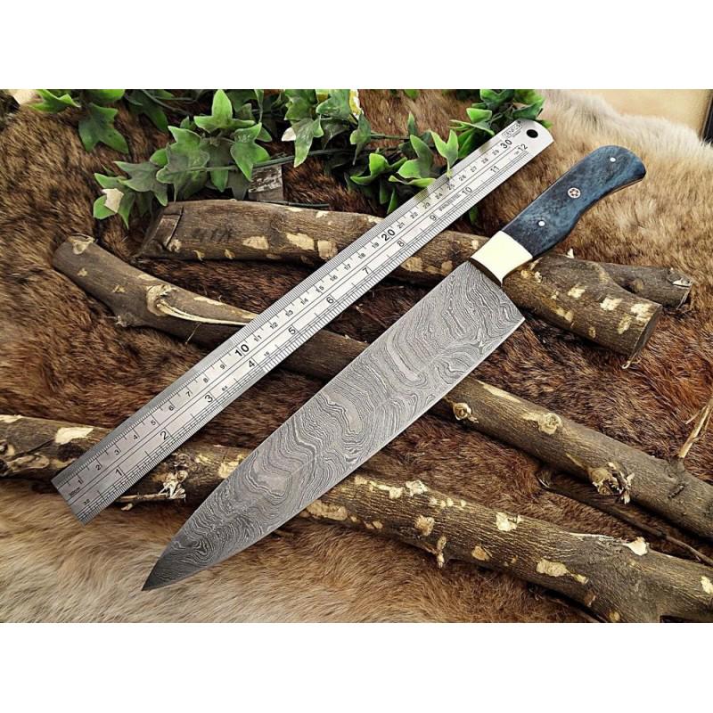 Damascus steel knife,with camel bone handle and brass: Knife "Chef" made of damask steel. Handle – camel bone , without scabbard. Damascus knives are very durable, look great and keep sharpness perfectly. Damascus steel has high quality contents to give
