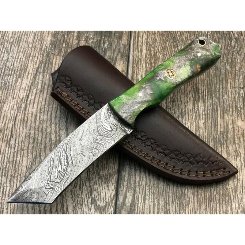 Damascus steel knife,with cow hide leather sheath,epoxy: Knife "Scald" made of damask steel. Handle – epoxy resin, scabbard - cow hide leather . Damascus knives are very durable, look great and keep sharpness perfectly. Damascus steel has high quality con