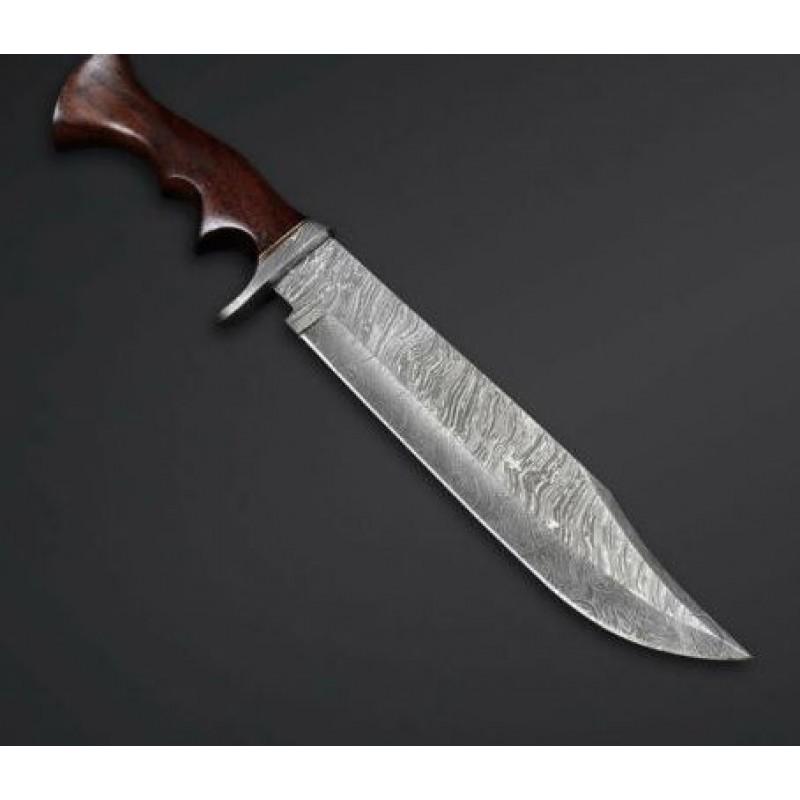 Damascus steel knife, rose wood with damascus guard: Knife "Waster" made of damask steel. Handle – rose wood with damascus guard, scabbard – sheep leather. Damascus knives are very durable, look great and keep sharpness perfectly. Damascus steel has
