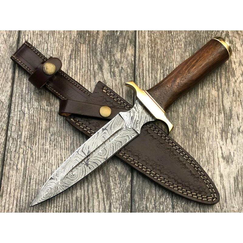 Damascus steel knife, brass guard and walnut wood: Knife "Ash" made of damascus steel. Handle - brass guard and walnut wood and scabbard - cowhide leather. Damascus knives are very durable, look great and keep sharpness perfectly. Damascus steel has h