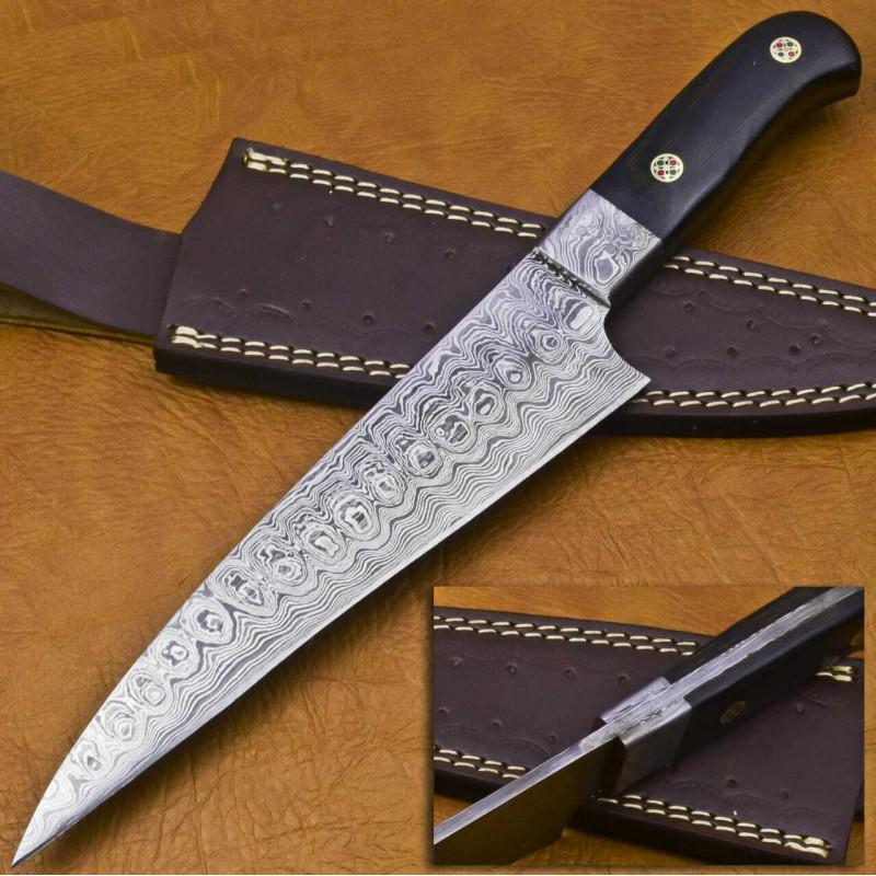 Damascus steel knife, burl wood and camel bone handle,: Knife "Cleaver" made of damascus steel. Handle - burl wood and camel bone and scabbard - cowhide leather. Damascus knives are very durable, look great and keep sharpness perfectly. Damascus steel has 
