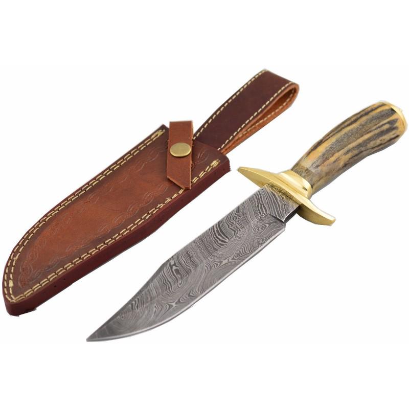 Damascus steel knife, stag handle, genuine leather: Knife "Bison" made of damascus steel. Handle - stag and scabbard - genuine leather. Damascus knives are very durable, look great and keep sharpness perfectly. Damascus steel has high quality contents 