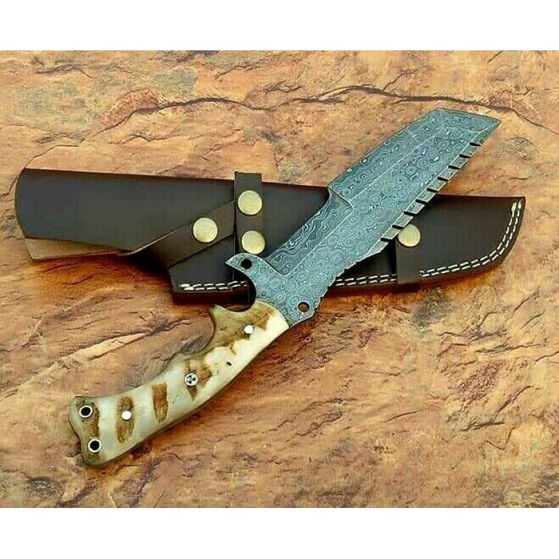 Damascus steel knife, ram horn handle, genuine cowhide (1 of 4)