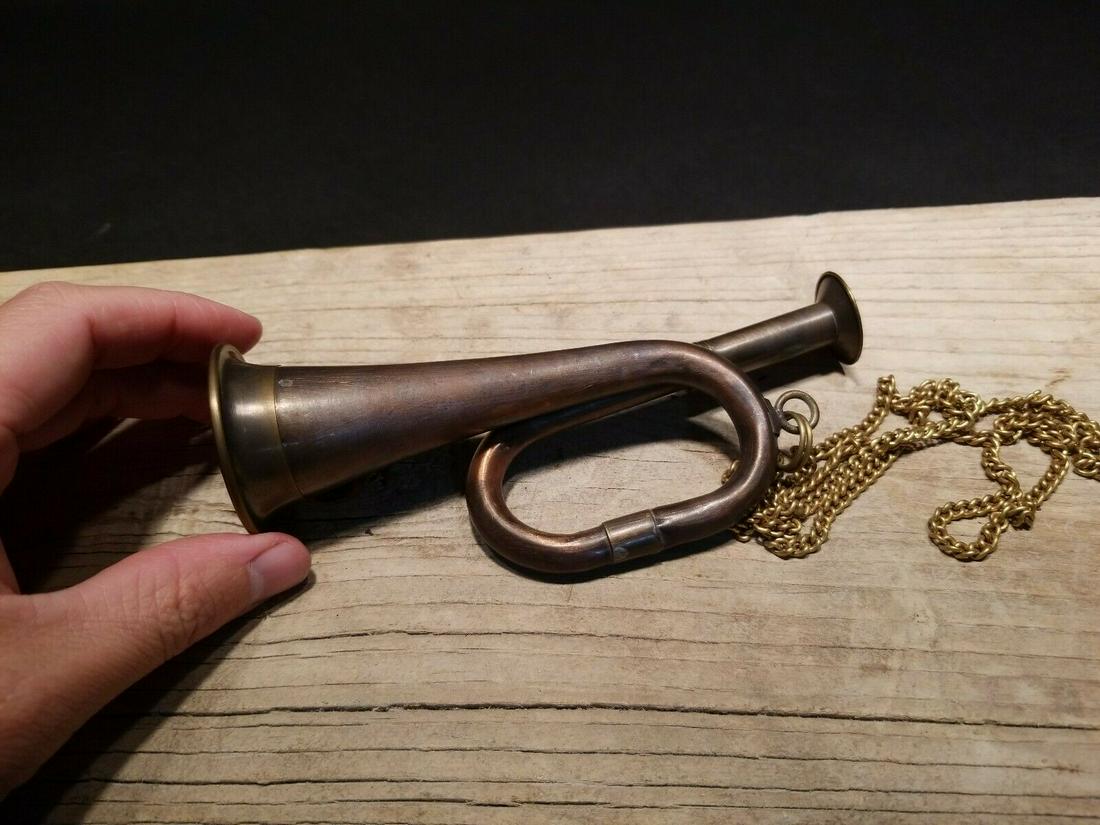 6" Miniature Military Civil War Calvary Brass Bugle: 6 1/8" long x 3" This reproduction all solid brass very clean buthandmade to look like an original...will surely make you wonder its age. it is possible for some to have a minor tarnish from maker and