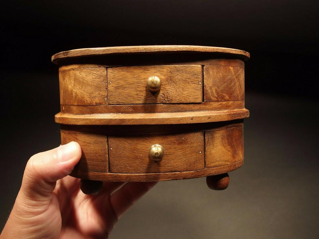 Wood Jewelry Trinket Box: 6 1/2" Long 4 3/8" Wide x 4 3/8" High Beautiful and creative reproduction antique box with an assortment of storage areas made from a beautiful unknown hardwood with a distressed finish. Pieces like t