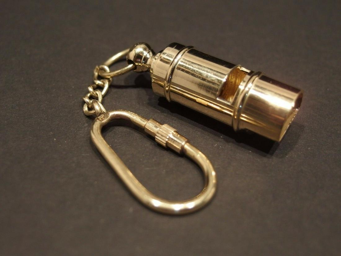 Victorian Style, Gold Brass Whistle Pendant Keychain: 5" hanging height 2" not including the ring and chain. Wonderful reproduction gold color brass whistle. Such a great example of the early Victorian whistles! Be sure to see the images.. Nice quality!,