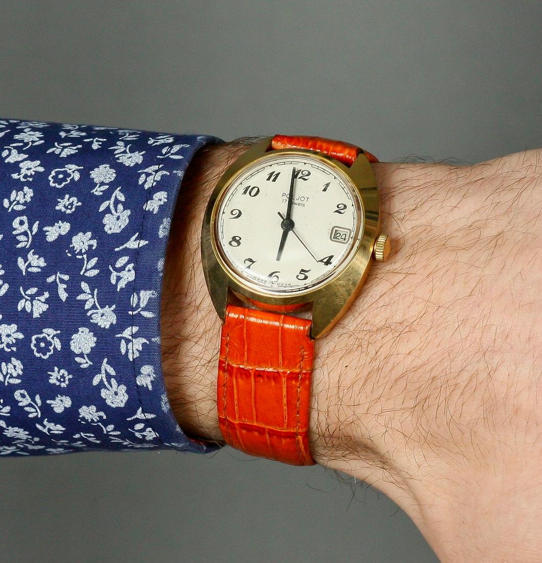 Poljot Vintage Men Wrist Watch / Antique Unisex White: Materials Band material: Leather Gold, Stainless steel Poljot vintage men wrist watch russian antique unisex white USSR watches. rare original vintage Soviet watch Poljot. Mechanical USSR watch. Vinta