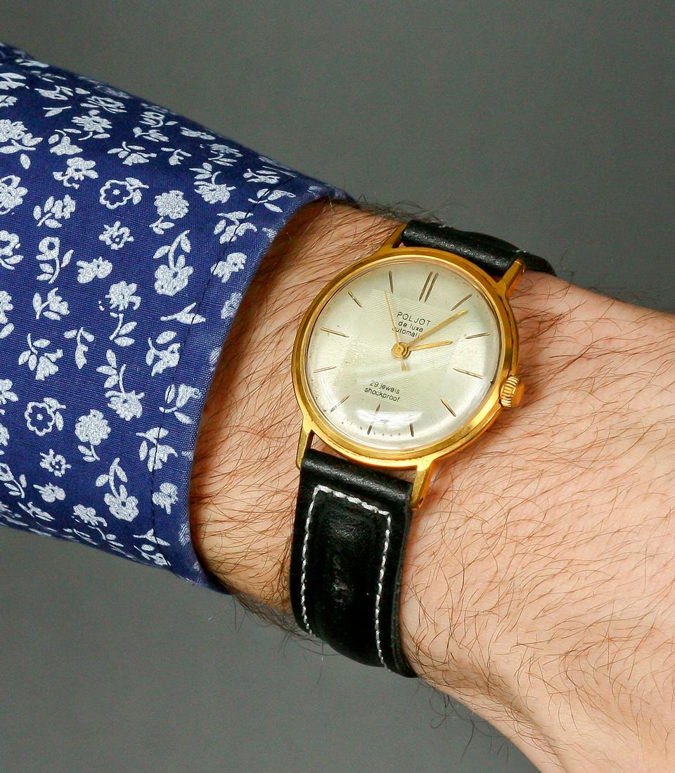 Poljot deluxe automatic vintage men wrist watch russian: Materials Band material: Leather Gold, Stainless steel Poljot deluxe automatic vintage men wrist watch russian antique unisex white USSR watches ?14 Watch - "Poljot" deluxe automatic Specifications: M