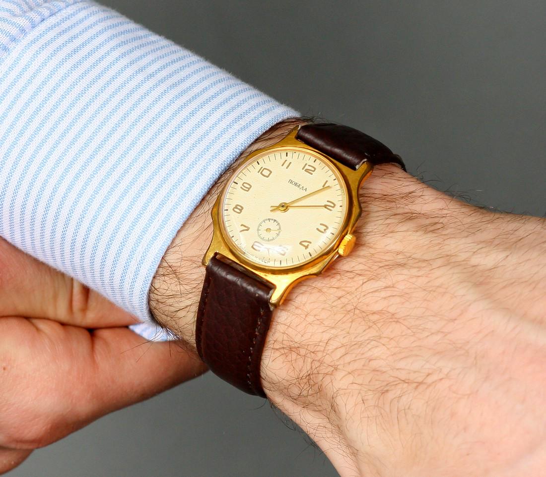 Pobeda Vintage Men Wrist Watch / Soviet Men's Watch: Band material: Leather Gold, Stainless steel Pobeda vintage men wrist watch russian antique unisex white USSR watches. Pobeda Vintage Men Wrist Watch. Collectible Vintage Soviet Mechanical Watch Pobed