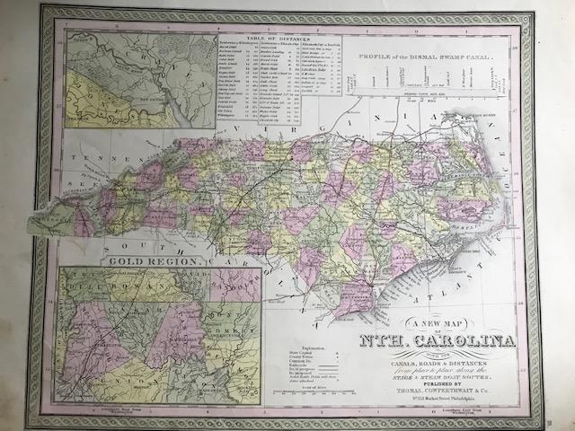 North Carolina. With insert of gold mining region and: Title: North Carolina. With insert of gold mining region and Neuse river area. 1850 by Thomas Date/Period: c1850. Materials: Hand colored steel engraved Size: 16 1/2 x 13 1/2 inches. c1850 by Thomas, 