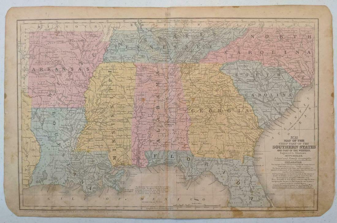 1852 OLD ANTIQUE MAP SOUTHERN UNITED STATES, MITCHELL (1 of 2)