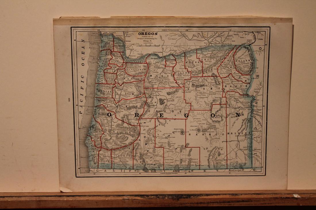 1890 Map of Oregon: Author: Watson Title: 1890 Map of Oregon Medium: Ink on Paper Dimensions: 15"X11" Map of Oregon dated 1890. Engraved by Watson. Published by the People's Publishing Co. in Chicago. Key upper middle. C