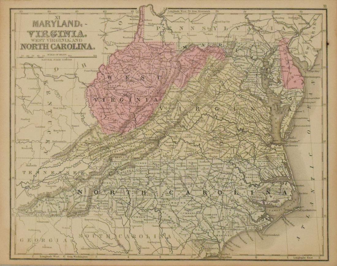1869 Mitchell Map of Maryland, Virginia, West Virginia: Title/Content of Map: 1869 Mitchell Map of Maryland, Virginia, West Virginia and North Carolina -- XI Maryland, Virginia, West Virginia and North Carolina Cartographer: S Mithchell Year/Place: 1869, P