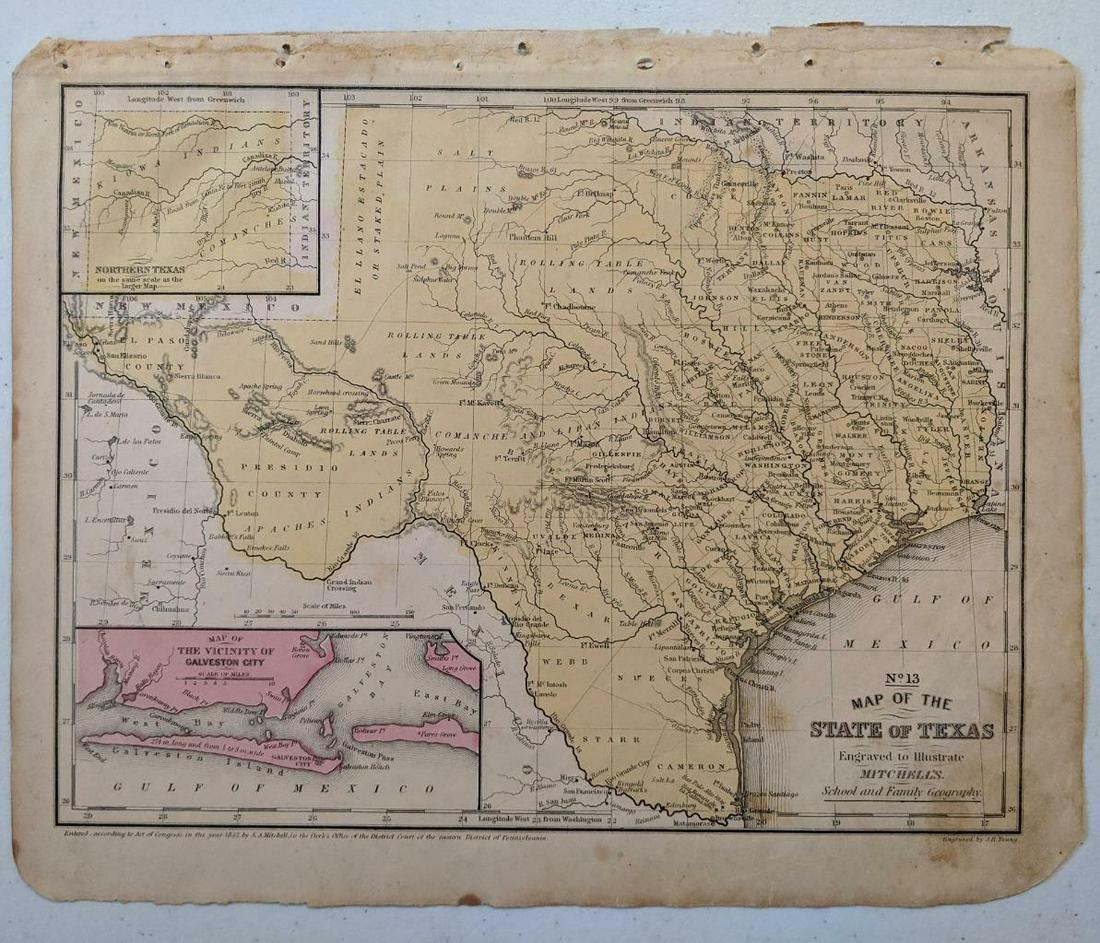 1852 HAND TINTED OLD ANTIQUE MAP of TEXAS, MITCHELL s (1 of 2)