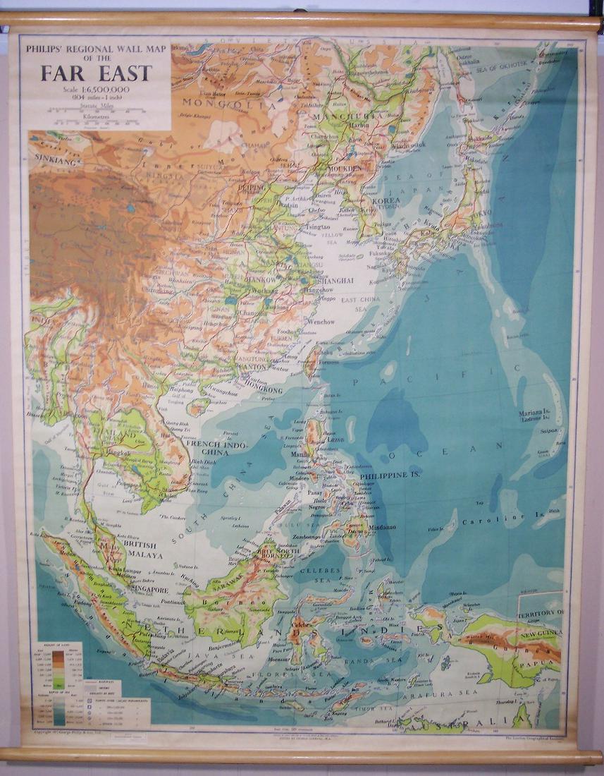 Philips: Title: Philips' Regional Wall Map of the Far East Publication Date: 1947 Cartographer: Publisher: GEORGE PHILIPS & SON Brief Description: Mongolia to Malaysia shortly after World War II with elevation