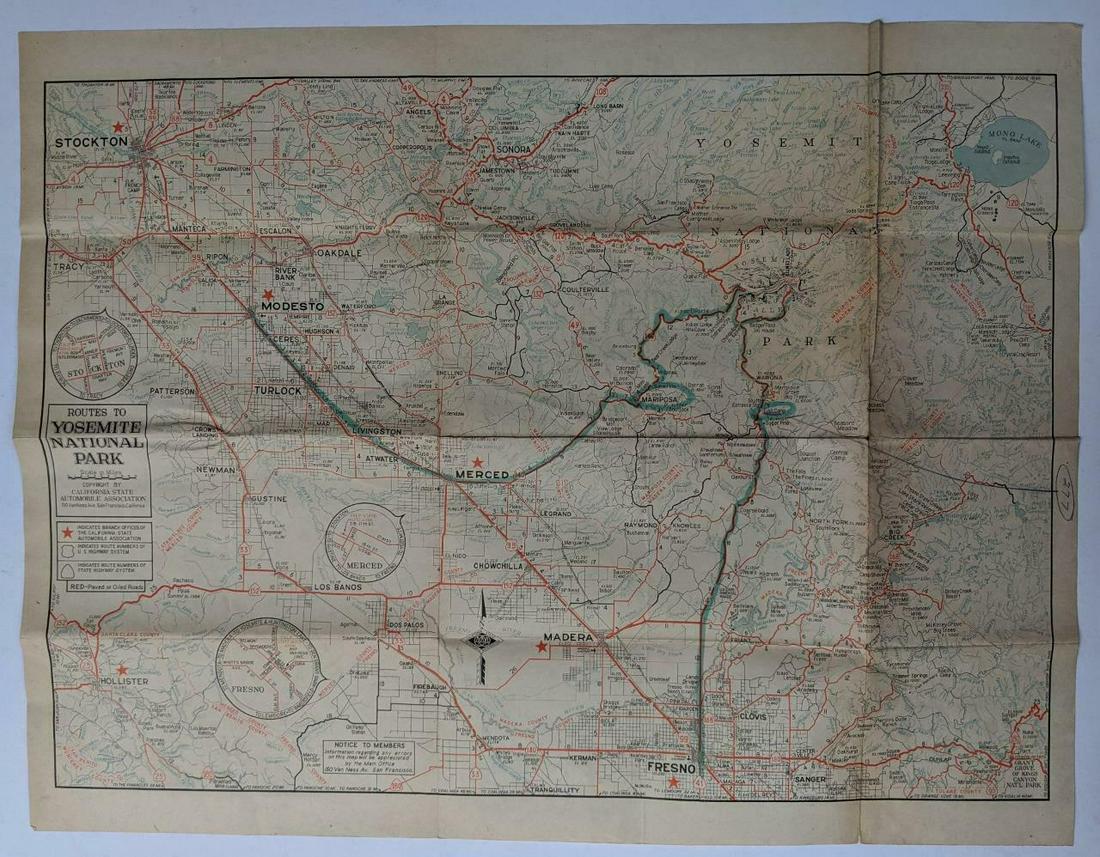 c 1920 s TRAVEL MAP ROUTES to YOSEMITE NATIONAL PARK by (1 of 3)