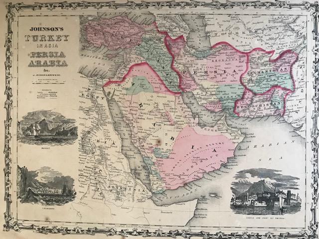 Middle East, todays turkey, Syria, Lebanon, Palestine,: Title: Middle East, todays turkey, Syria, Lebanon, Palestine, Iran, Saudi Arabia, Iraq, Oman, Yemen, UAE, Qatar, Afghanistan. By Johnson Date/Period: 1861 Materials: Steel engraved. Size: 18x13” 186