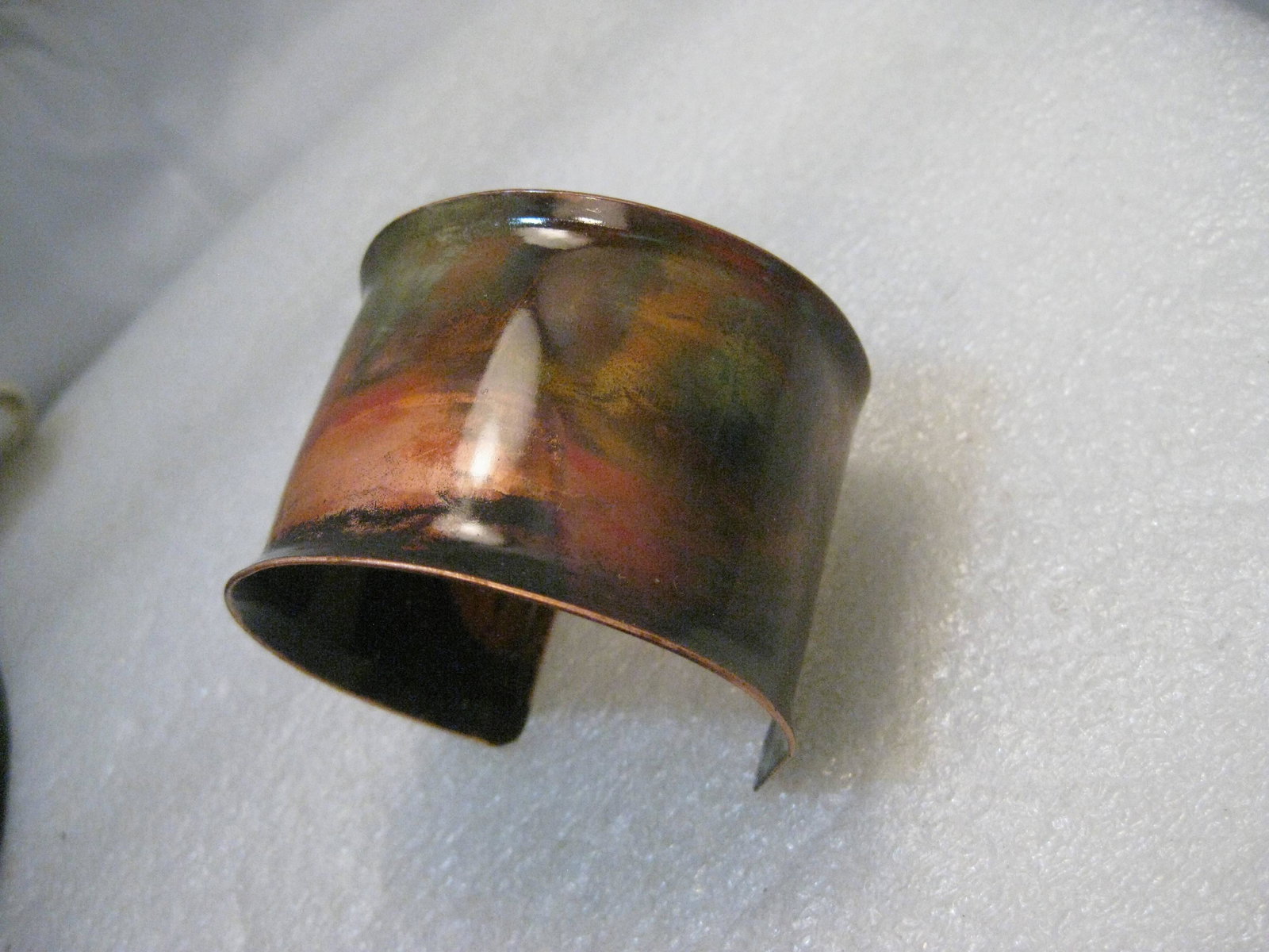 Copper Desert Sunset Enameled Cuff Bracelet, 7", 1.75": Vintage Hand Made Copper Bracelet - this is a copper cuff bracelet that is enameled in to me what looks like a sunset desert palette. This came with a paper Copper Mine by Sabia - heated with special 