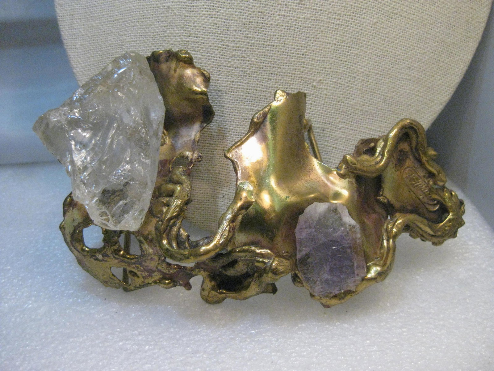 Vintage Carvalhu's Brutalist Belt Buckle, Bronze,: Vintage Brutalist Bronze & Quartz Belt Buckle, Carvalhu's Rio Brutalist collection with a large rustic clear quartz piece that is about 2.5" long and 1.5" wide and an amethyst quartz that is about 1.2