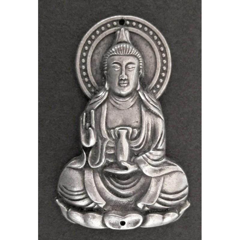 Vintage Chinece Guanyin Kwan Yin Pendant Symbol of: DESCRIPTION: Guanyin is the Buddhist bodhisattva associated with compassion. In the East Asian world, Guanyin is the equivalent term for Avalokitesvara Bodhisattva. Guanyin pendant - shiny, silverplat