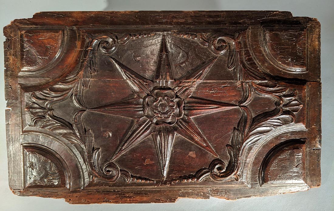 Early Tudor Star Fragment Panel: Title: Early Tudor Star Fragment Panel Date: 1540 Origin: English Dimension: 13" H x 21" L Provenance/Additional Info: Tudor period carved architectural fragment panel depicting star with a central Tu