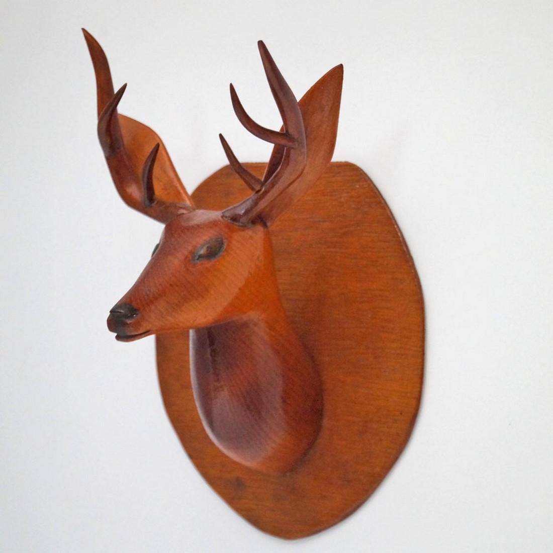 Carved Deer Head Mount: Title: Carved Deer Head Mount Origin: Date: Circa 1920’s-30’s. Dimension: 9” height x 6” width x 6” depth Provenance: Exceptional pine wood carving of a buck mounted on plaque