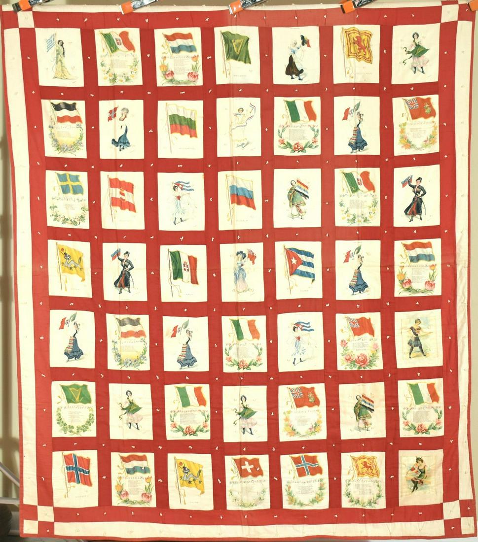20's Tobacco Flag Premium Quilt: Title: 20's Tobacco Flag Premium Quilt Provenance/Additional Info: Rare 1910's/1920's tobacco flag premium tied quilt, machine pieced with red borders. Measures 64" X 74" and is in very good condition