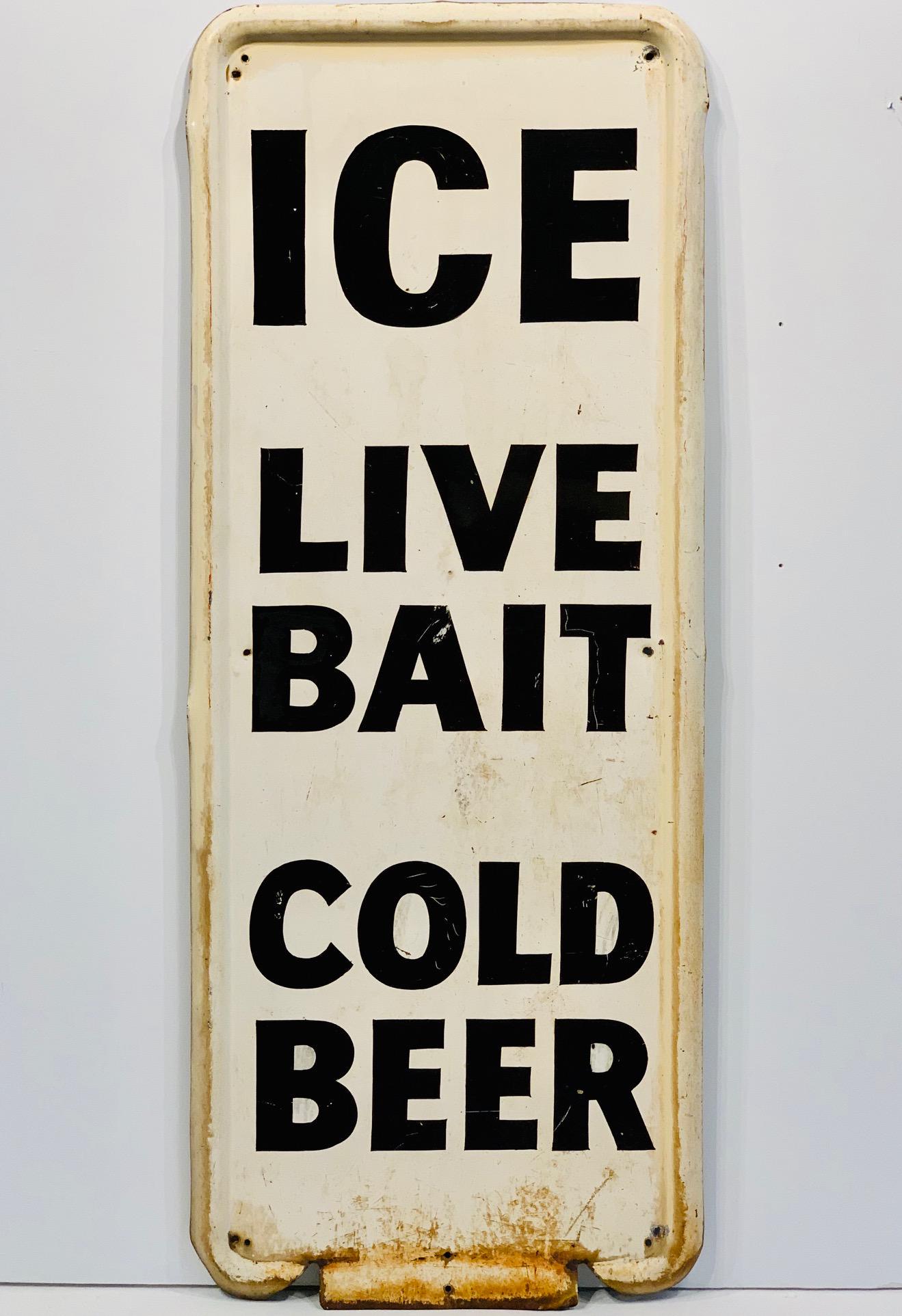 ICE, LIVE BAIT, COLD BEER. c. 1940s sign: Title: ICE, LIVE BAIT, COLD BEER. c. 1940s sign Description: New England Marina Sign, on metal. Bold, simple graphics. Dimension: 41” x 16” Circa: c. 1940 Shipping: Domestic: Flat-rate of $48.00 t